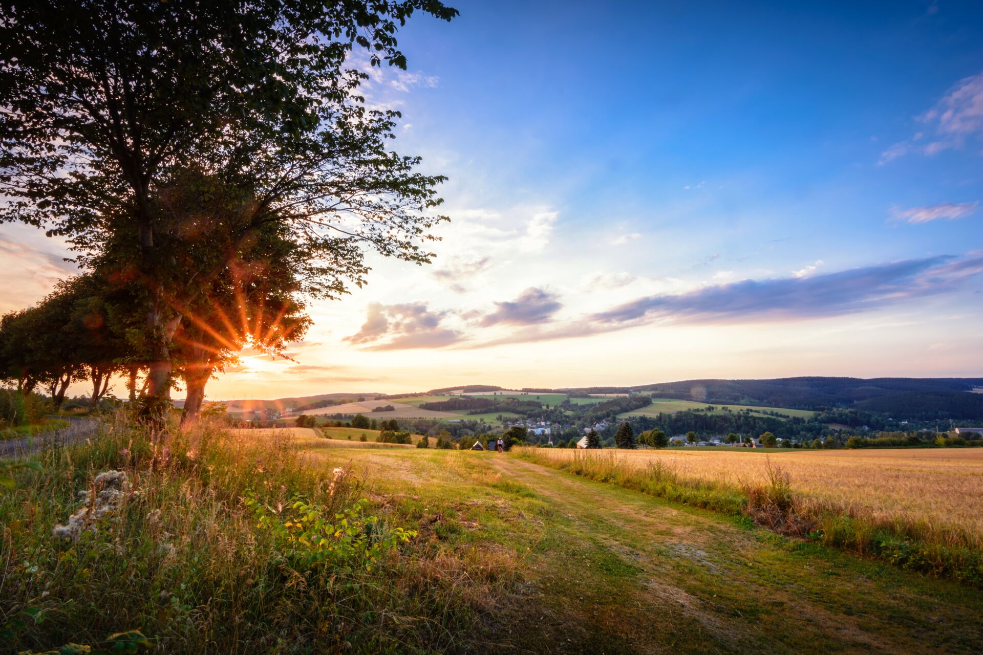 Eine weite Landschaft mit Feldern, Hügeln, Bäumen und einem leuchtenden Sonnenuntergang unter einem blau-violetten Himmel.